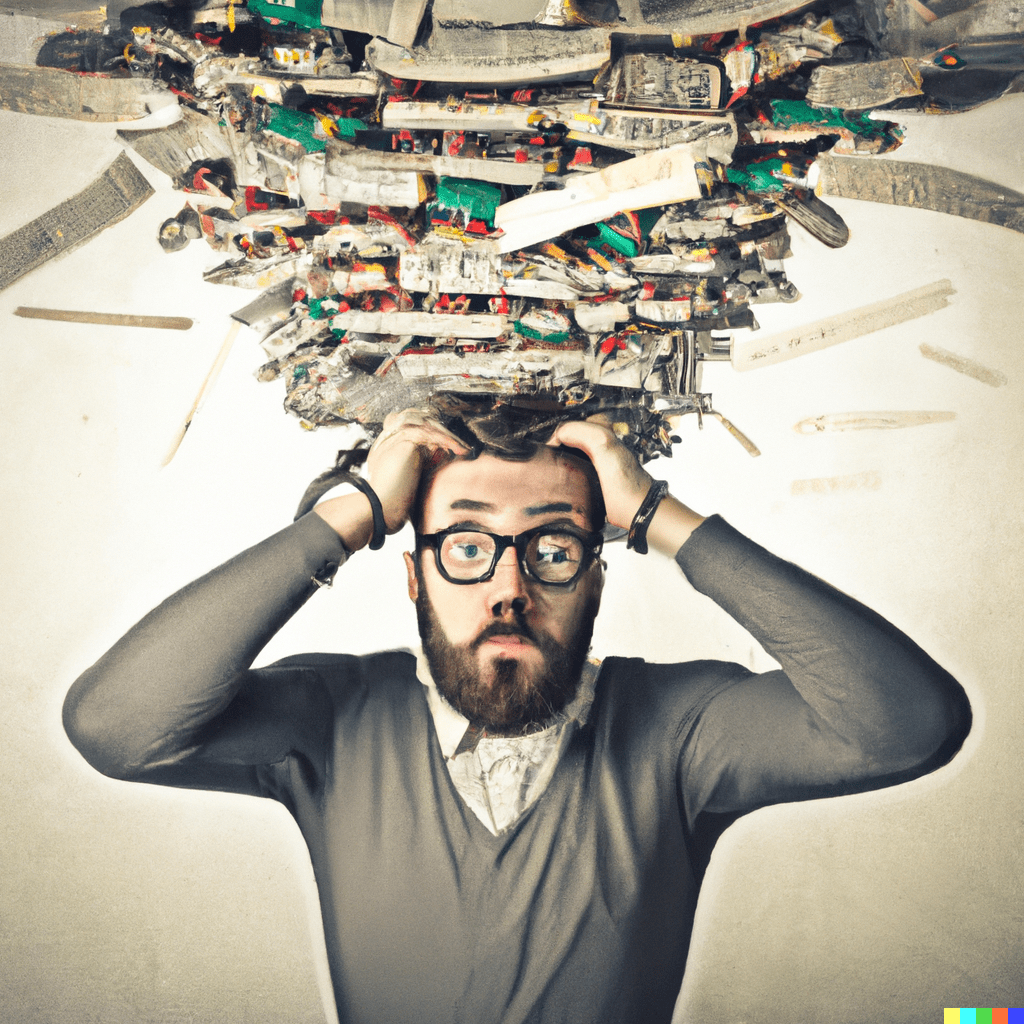 a man with glasses grappling with scattered ideas