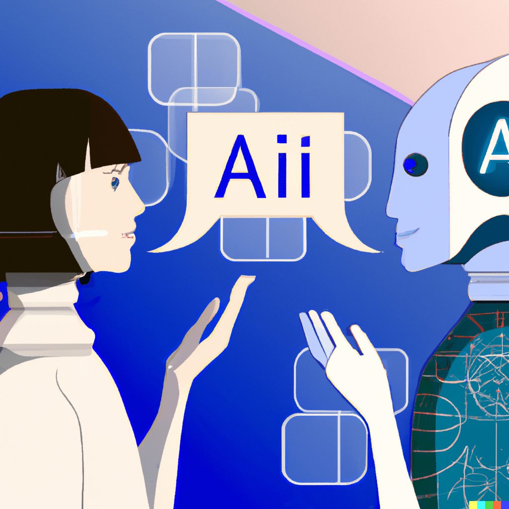 a person talking to a robot about AI. illisustration