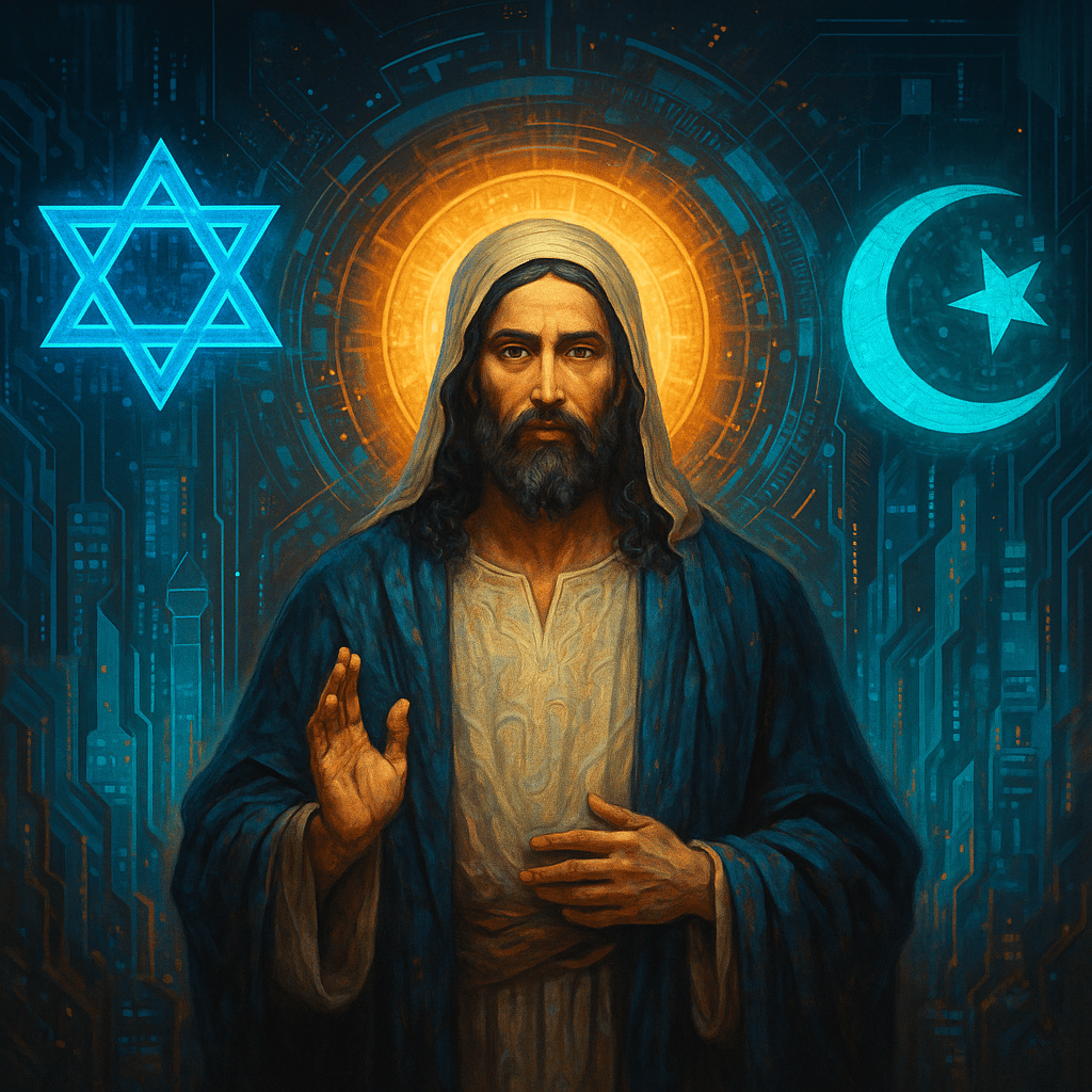 A figure representing a theological concept stands between the Star of David and a crescent moon, set against a backdrop of digital circuitry.