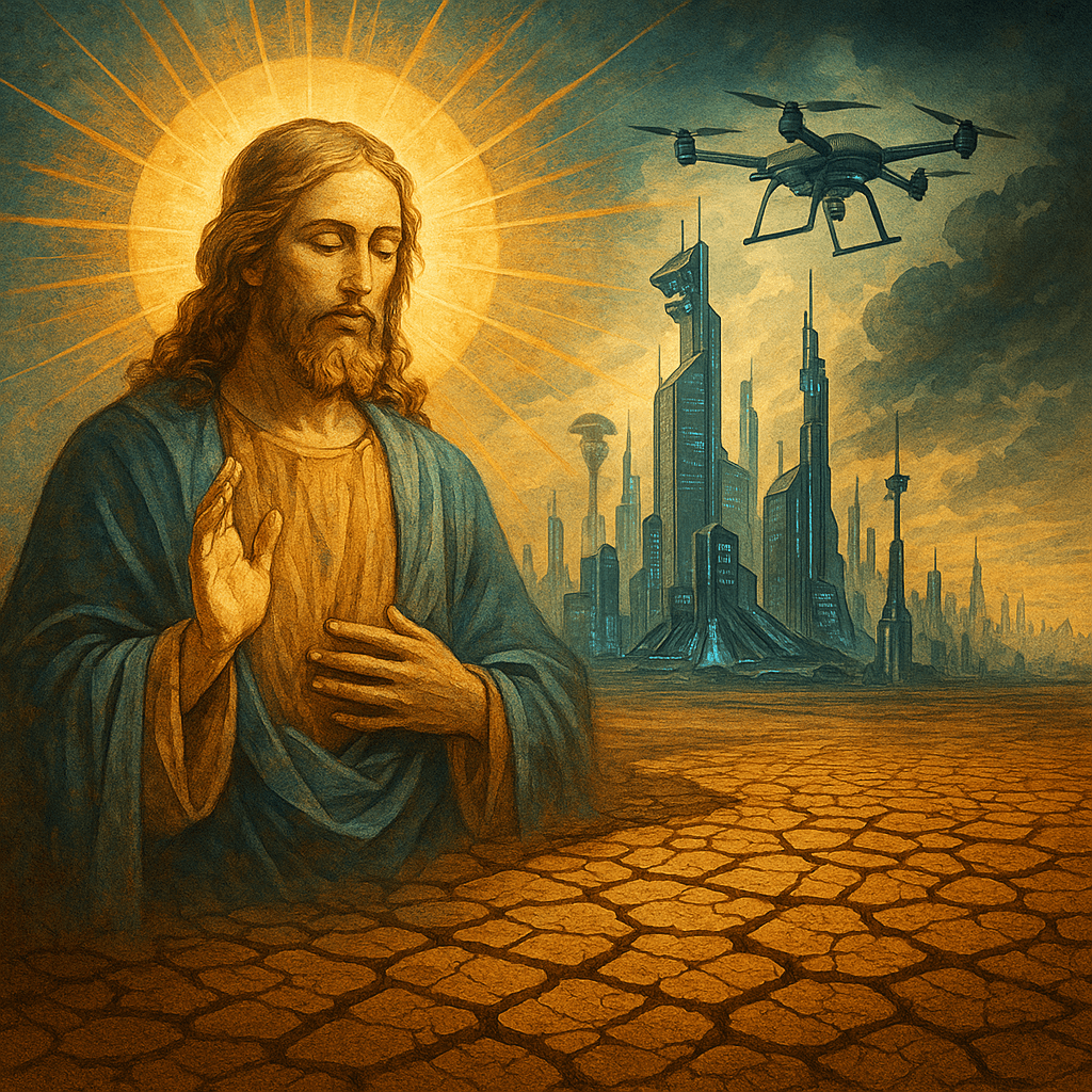 A stylized depiction of a religious figure with long hair and robes, standing in a barren landscape. The figure is surrounded by a glowing halo, with a futuristic city skyline and a drone hovering nearby.