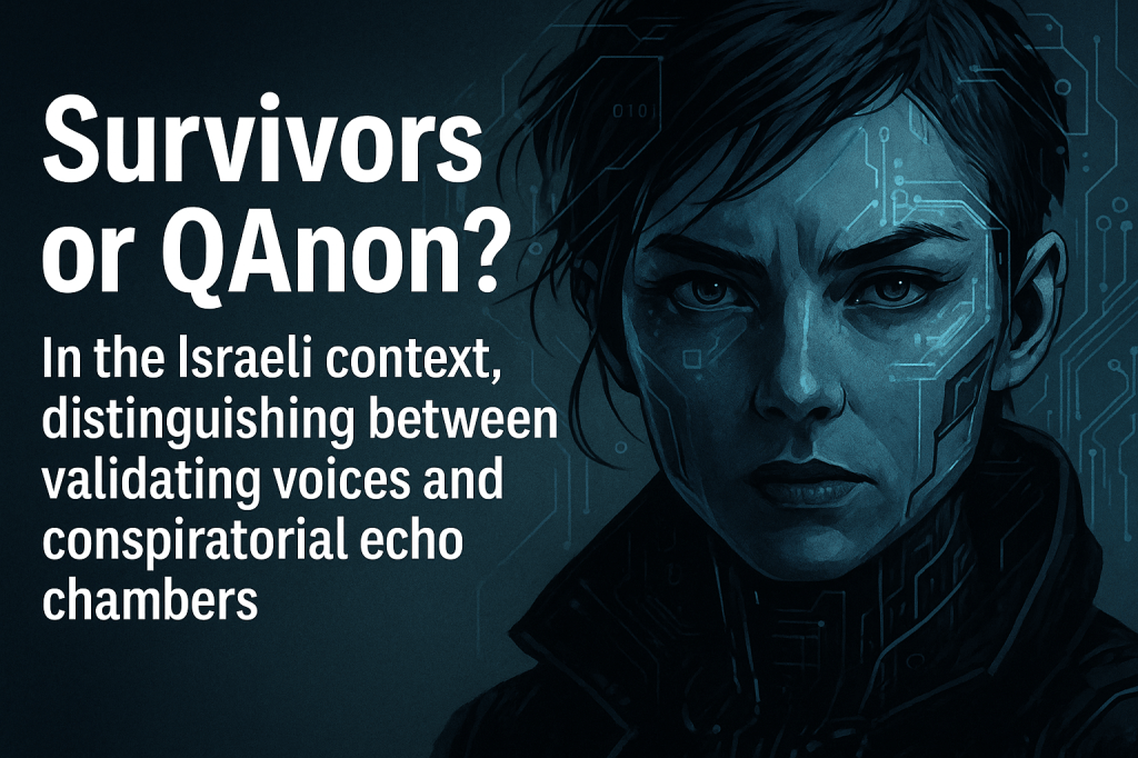A digital blog header graphic with a dark background and bold white text reading “Survivor Voices vs QAnon Distortions.” The design includes subtle glitch-like visual elements and faint geometric patterns, evoking a sense of tension between truth and conspiracy. The style is minimalist and modern, with a slightly ominous tone.
