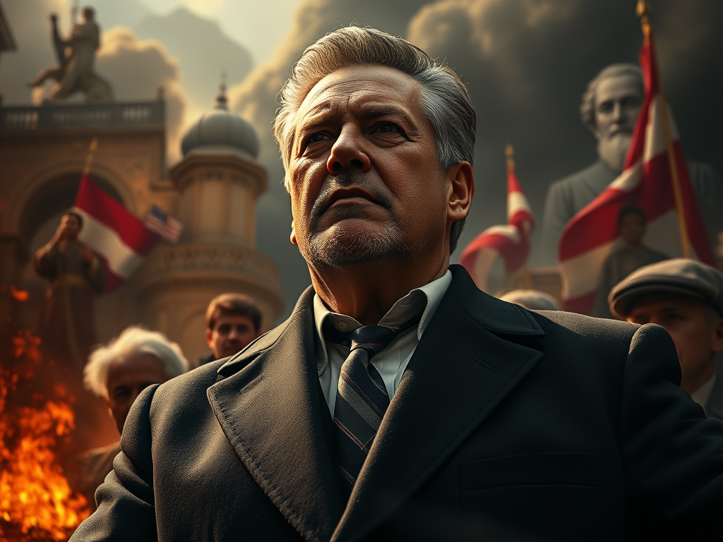 A low-angle, eye-level shot of a man with graying hair and a confident, serious expression. He is wearing a dark suit and a striped tie. The man stands in a crowd, with people and flags visible in the blurred background.