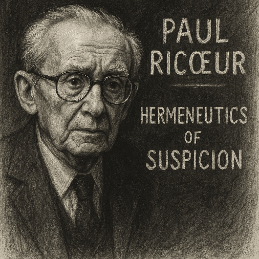 A monochromatic portrait of Paul Ricœur with the text 'Hermeneutics of Suspicion' prominently displayed.