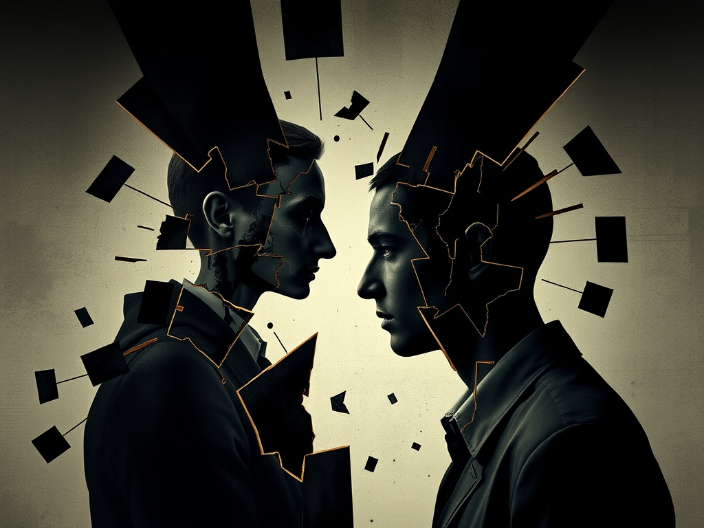 An artistic portrayal of two profiles facing each other, with fragmented and shattered elements around their heads, symbolizing the theme of inner conflict and the complexity of interpretation.