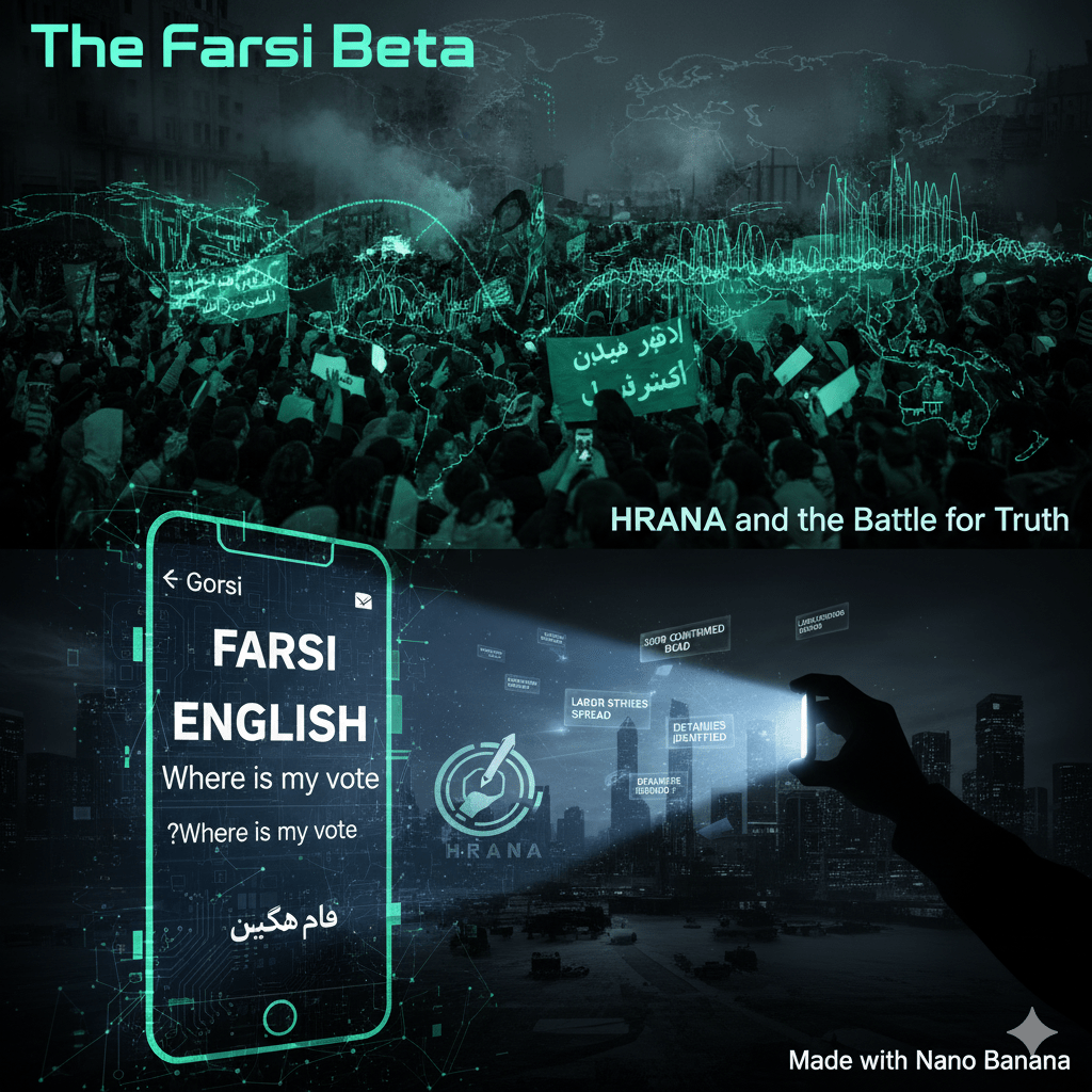 A digital graphic titled 'The Farsi Beta' showing a crowded protest scene at the top, with banners and signs. Underneath, a smartphone interface displays translations between Farsi and English, featuring the question 'Where is my vote?'. The background includes elements related to HRANA and data visualisations.