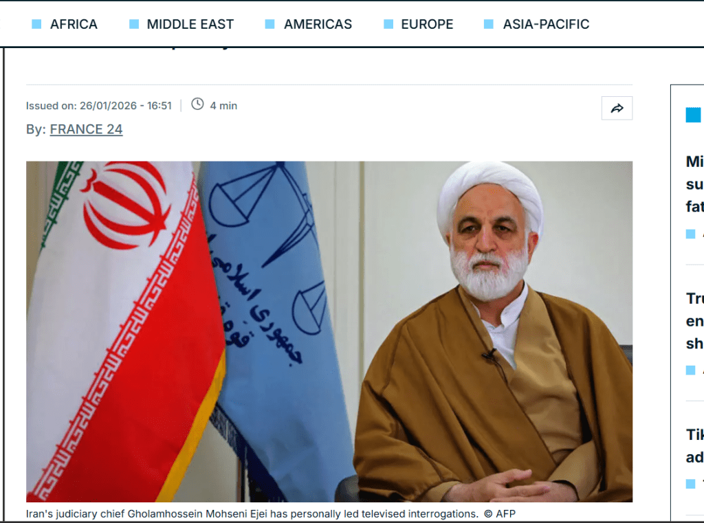 Iran's judiciary chief Gholamhossein Mohseni Ejei seated, with the Iranian flag and a judicial symbol in the background.