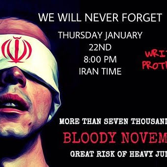 A man with a blindfold featuring the Iranian flag, symbolising protest and remembrance, with text announcing an event on January 22nd, focusing on the Bloody November incidents.